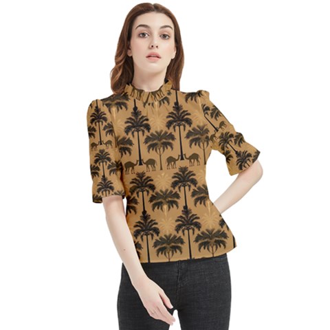 Camel Palm Tree Frill Neck Blouse by Vaneshop