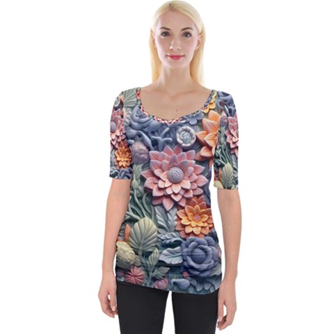 3d Flower Bloom Embossed Pattern Wide Neckline Tee by Vaneshop