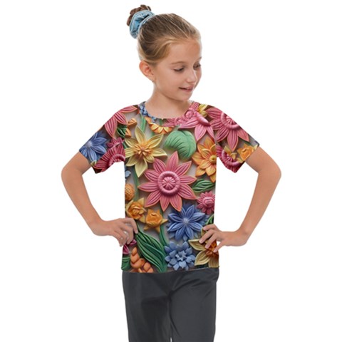 Flower Bloom Embossed Pattern Kids  Mesh Piece Tee by Vaneshop