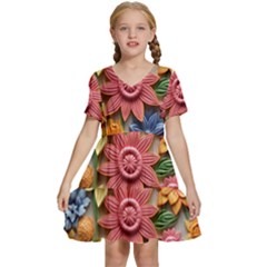 Flower Bloom Embossed Pattern Kids  Short Sleeve Tiered Mini Dress by Vaneshop