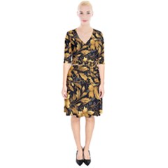 Flower Gold Floral Wrap Up Cocktail Dress by Vaneshop