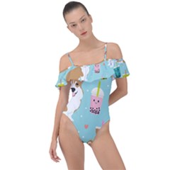 Welsh Corgi Boba Tea Bubble Cute Kawaii Dog Breed Frill Detail One Piece Swimsuit by Wav3s