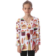 Seamless Pattern Hand Drawing Cartoon Dessert And Cake Kids  V Neck Casual Top by Wav3s