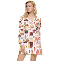 Seamless Pattern Hand Drawing Cartoon Dessert And Cake Tiered Long Sleeve Mini Dress by Wav3s