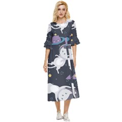 Space Cat Illustration Pattern Astronaut Double Cuff Midi Dress by Wav3s