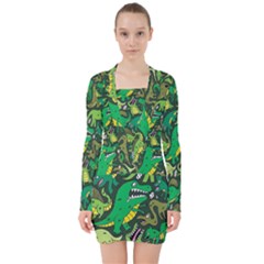 Dino Kawaii V-neck Bodycon Long Sleeve Dress by Wav3s
