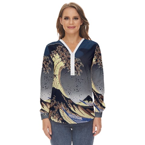 The Great Wave Off Kanagawa Japanese Waves Zip Up Long Sleeve Blouse by Vaneshop