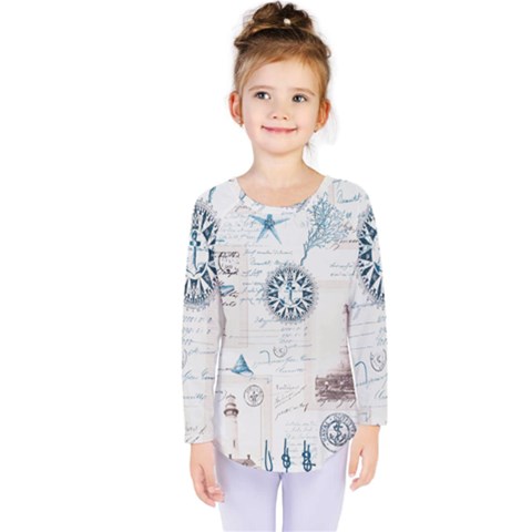 Nautical Lighthouse Vintage Postcard French Writing Kids  Long Sleeve Tee by Vaneshop