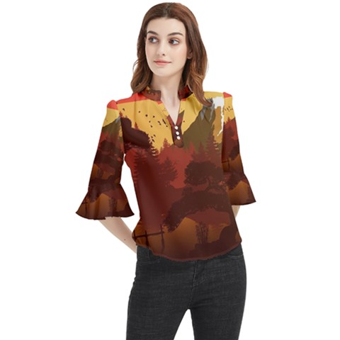 Japan Art Illustration Loose Horn Sleeve Chiffon Blouse by Grandong