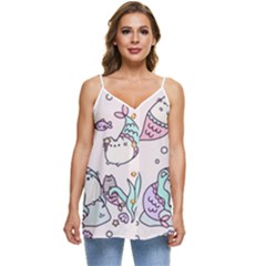 Cartoon Cat Cute Animal Design Drawing Illustration Kawaii Casual Spaghetti Strap Chiffon Top by Grandong