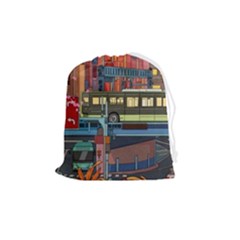 The City Style Bus Fantasy Architecture Art Drawstring Pouch (medium) by Grandong