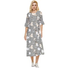 Cute Cat Pattern Cartoon Double Cuff Midi Dress by Cowasu