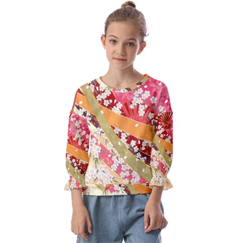 Japanese Kimono Pattern Kids  Cuff Sleeve Top by Cowasu