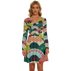 Japanese Fans Bright Pattern Long Sleeve Wide Neck Velvet Dress by Cowasu