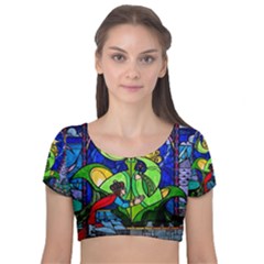 Beauty Stained Glass Rose Velvet Short Sleeve Crop Top  by Cowasu