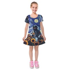 Starry Surreal Psychedelic Astronaut Space Kids  Short Sleeve Velvet Dress by Cowasu