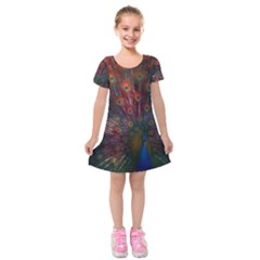 Red Peacock Feather Kids  Short Sleeve Velvet Dress by Cowasu