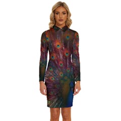 Red Peacock Feather Long Sleeve Shirt Collar Bodycon Dress by Cowasu
