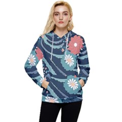 Waves Flowers Pattern Water Floral Minimalist Women s Lightweight Drawstring Hoodie by Ndabl3x