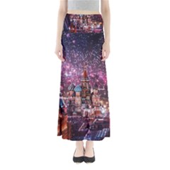 Moscow Kremlin Saint Basils Cathedral Architecture  Building Cityscape Night Fireworks Full Length Maxi Skirt by Cowasu