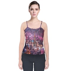 Moscow Kremlin Saint Basils Cathedral Architecture  Building Cityscape Night Fireworks Velvet Spaghetti Strap Top by Cowasu