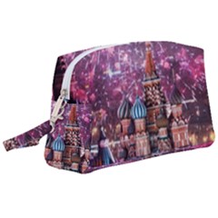 Moscow Kremlin Saint Basils Cathedral Architecture  Building Cityscape Night Fireworks Wristlet Pouch Bag (large) by Cowasu
