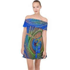 Blue Peacock Feather Off Shoulder Chiffon Dress by Amaryn4rt