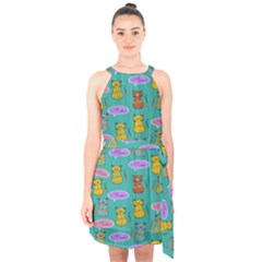 Meow Cat Pattern Halter Collar Waist Tie Chiffon Dress by Amaryn4rt