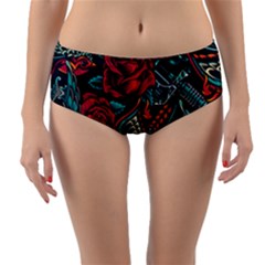 Vintage Flash Tattoos Designs Seamless Pattern Reversible Mid-waist Bikini Bottoms by Amaryn4rt
