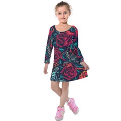 Vintage Flash Tattoos Designs Seamless Pattern Kids  Long Sleeve Velvet Dress by Amaryn4rt