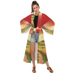 Landscape Sunset Orange Sky Pathway Art Maxi Kimono by Ravend