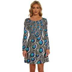 Peacock Pattern Close Up Plumage Long Sleeve Wide Neck Velvet Dress by Celenk