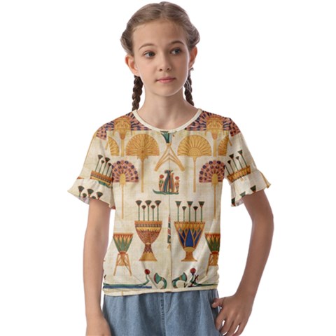 Egyptian Paper Papyrus Hieroglyphs Kids  Cuff Sleeve Scrunch Bottom Tee by Vaneshop