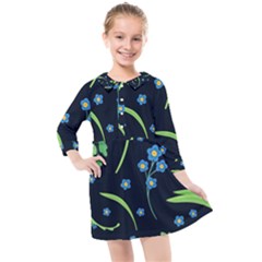 Abstract Wild Flowers Dark Blue Background Blue Flower Blossom Flat Retro Seamless Pattern Daisy Kids  Quarter Sleeve Shirt Dress by uniart180623