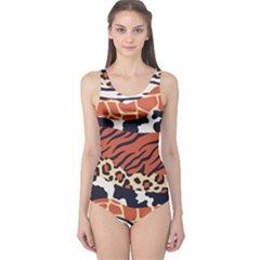 Mixed-animal-skin-print-safari-textures-mix-leopard-zebra-tiger-skins-patterns-luxury-animals-textur One Piece Swimsuit by uniart180623