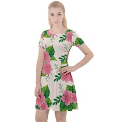 Cute-pink-flowers-with-leaves-pattern Cap Sleeve Velour Dress  by uniart180623