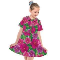 Background-cute-flowers-fuchsia-with-leaves Kids  Short Sleeve Shirt Dress by uniart180623