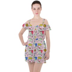 Seamless-pattern-with-many-funny-cute-superhero-dinosaurs-t-rex-mask-cloak-with-comics-style-inscrip Ruffle Cut Out Chiffon Playsuit by uniart180623