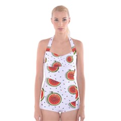 Seamless-background-pattern-with-watermelon-slices Boyleg Halter Swimsuit  by uniart180623