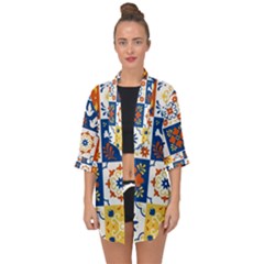 Mexican-talavera-pattern-ceramic-tiles-with-flower-leaves-bird-ornaments-traditional-majolica-style- Open Front Chiffon Kimono by uniart180623
