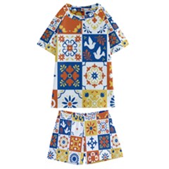 Mexican-talavera-pattern-ceramic-tiles-with-flower-leaves-bird-ornaments-traditional-majolica-style- Kids  Swim Tee And Shorts Set by uniart180623