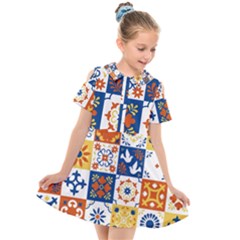Mexican-talavera-pattern-ceramic-tiles-with-flower-leaves-bird-ornaments-traditional-majolica-style- Kids  Short Sleeve Shirt Dress by uniart180623