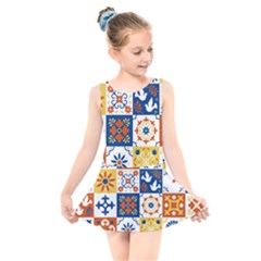 Mexican-talavera-pattern-ceramic-tiles-with-flower-leaves-bird-ornaments-traditional-majolica-style- Kids  Skater Dress Swimsuit by uniart180623