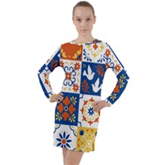 Mexican-talavera-pattern-ceramic-tiles-with-flower-leaves-bird-ornaments-traditional-majolica-style- Long Sleeve Hoodie Dress by uniart180623