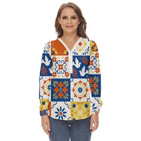 Mexican-talavera-pattern-ceramic-tiles-with-flower-leaves-bird-ornaments-traditional-majolica-style- Zip Up Long Sleeve Blouse by uniart180623