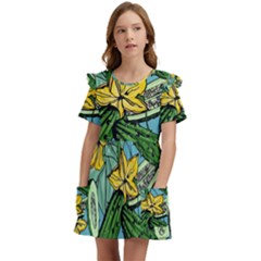 Seamless-pattern-with-cucumber-slice-flower-colorful-hand-drawn-background-with-vegetables-wallpaper Kids  Frilly Sleeves Pocket Dress by uniart180623