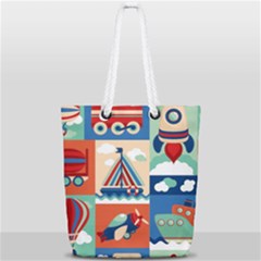 Toy-transport-cartoon-seamless-pattern-with-airplane-aerostat-sail-yacht-vector-illustration Full Print Rope Handle Tote (small) by uniart180623