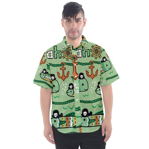 Seamless Pattern Fishes Pirates Cartoon Men s Short Sleeve Shirt by uniart180623