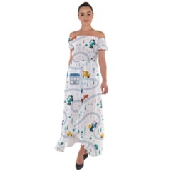 Cute-children-s-seamless-pattern-with-cars-road-park-houses-white-background-illustration-town Off Shoulder Open Front Chiffon Dress by uniart180623