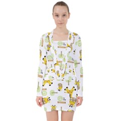 Vector-pattern-with-cute-giraffe-cartoon V-neck Bodycon Long Sleeve Dress by uniart180623
